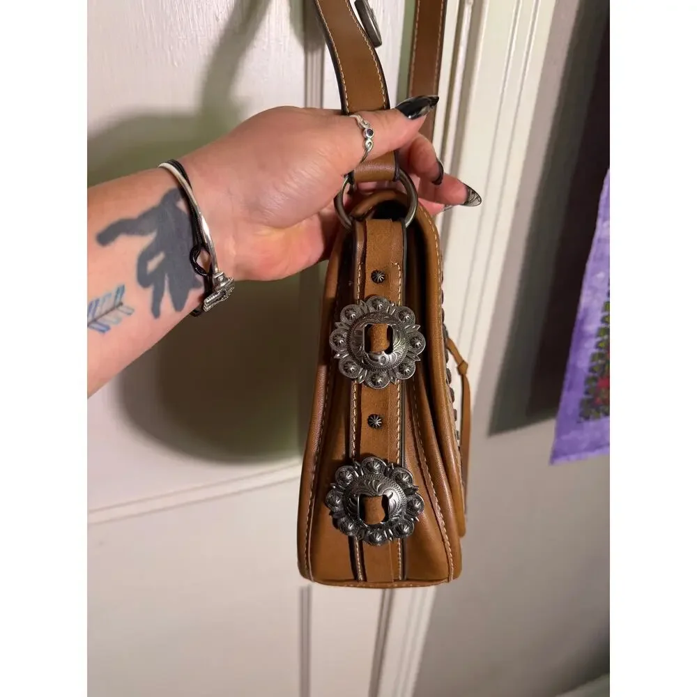 Justin Western Crossbody Purse Cowhide Look Concho Saddle Bag Brown NWT